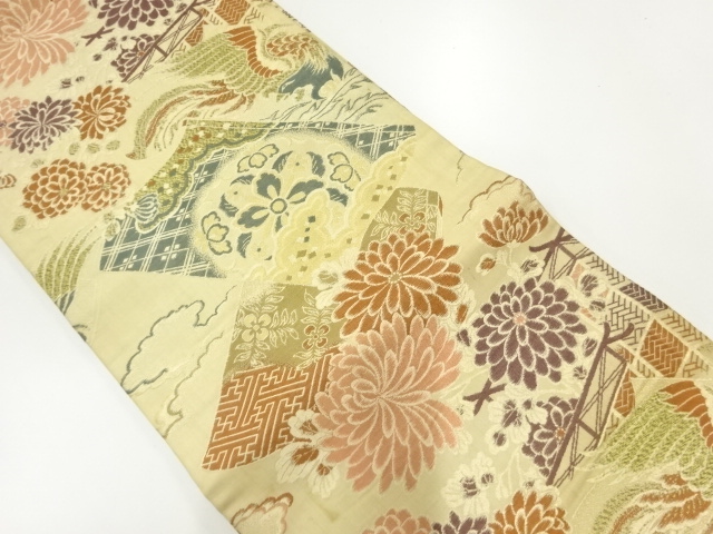 JAPANESE KIMONO / ANTIQUE MARU OBI / WOVEN BOOK & PHOENIX